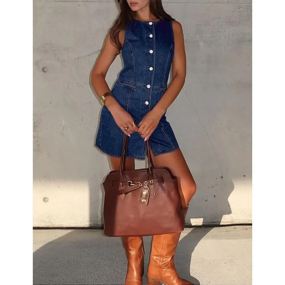 Women's Sleeveless Denim Dress Medium Casual Summer Mini with Pockets - Picture 4 of 4